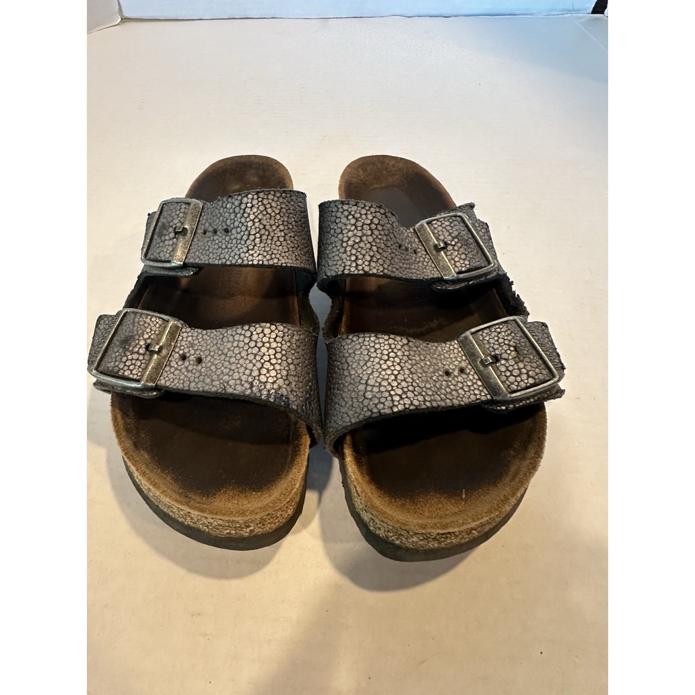 Birkenstock Arizona Sandals Silver Metallic Pebble Texture Size 37